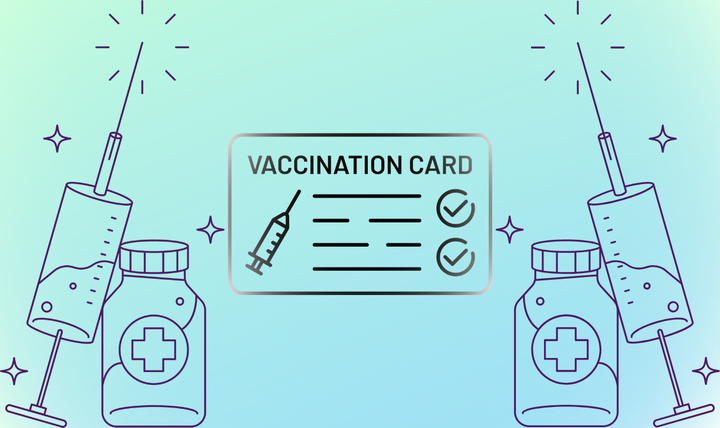 a blue background with cartoon images of a medicine and syringe on each side with a vaccination card in the center