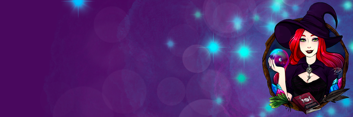 A purple and blue banner featuring an anime-style drawing of a red-headed witch holding a crystal ball.