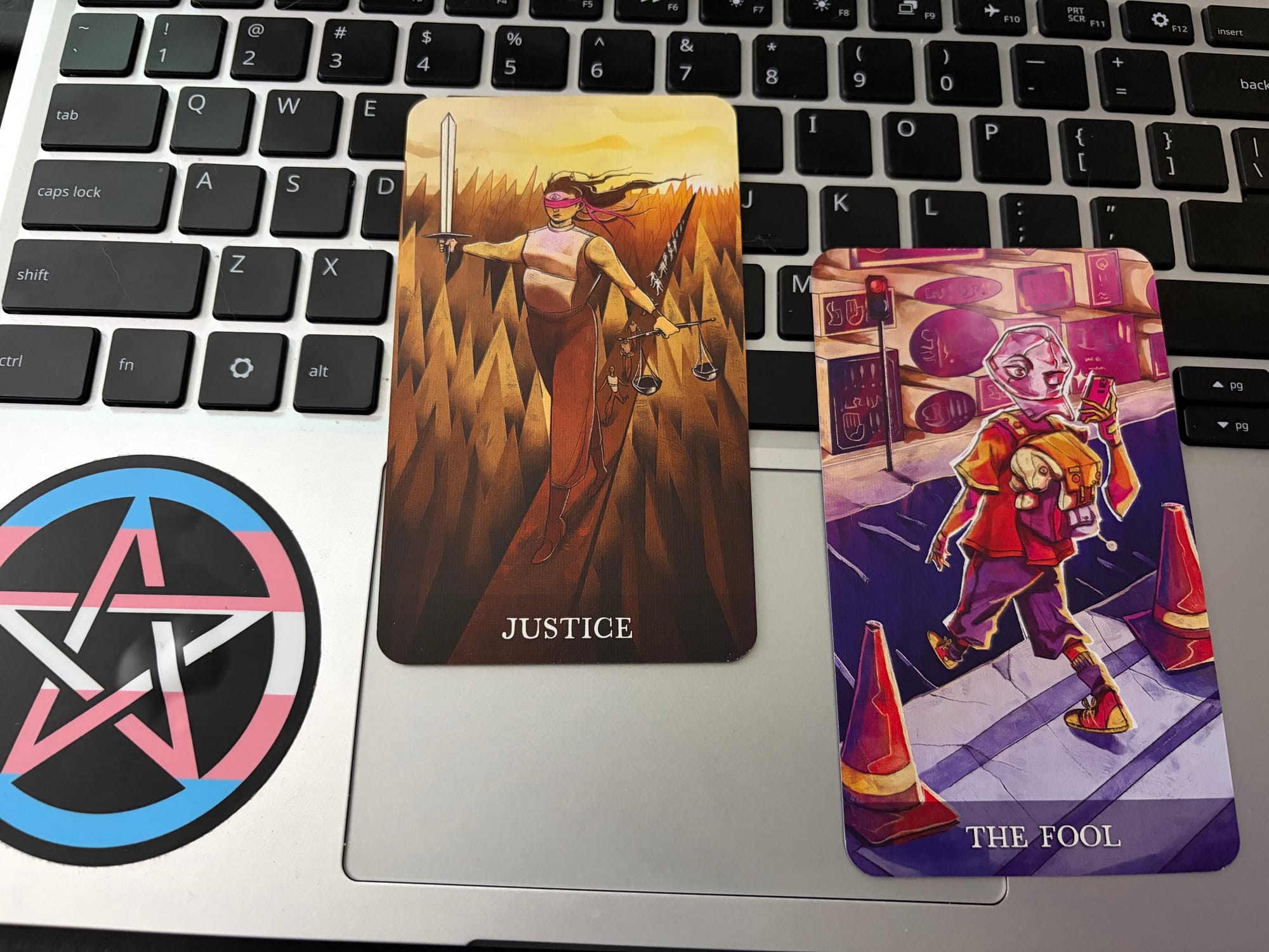 Two surreal tarot cards: Justice and The Fool
