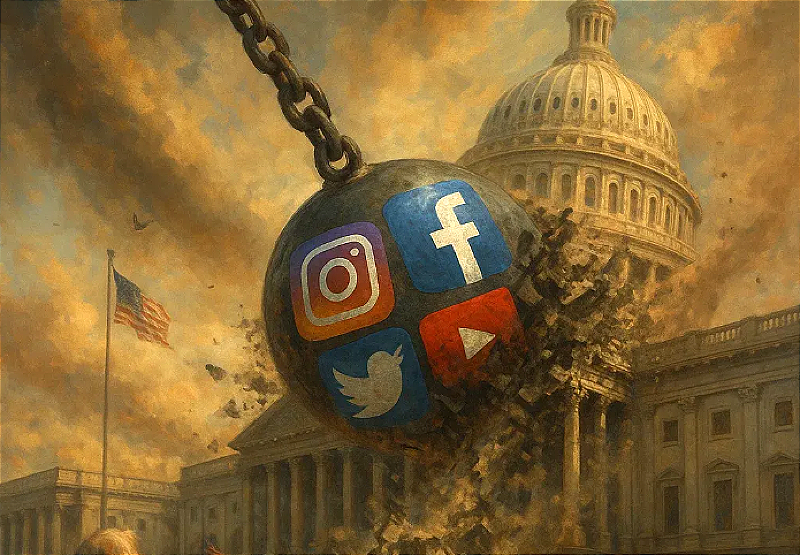 A wrecking ball with social media icons destroys Congress