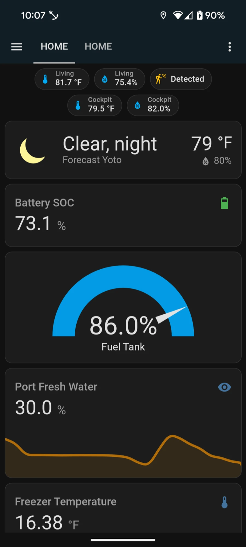 Home Assistant dashboard on a phone showing battery state of charge, fuel tank gauge, fresh water level, and freezer temperature aboard a boat