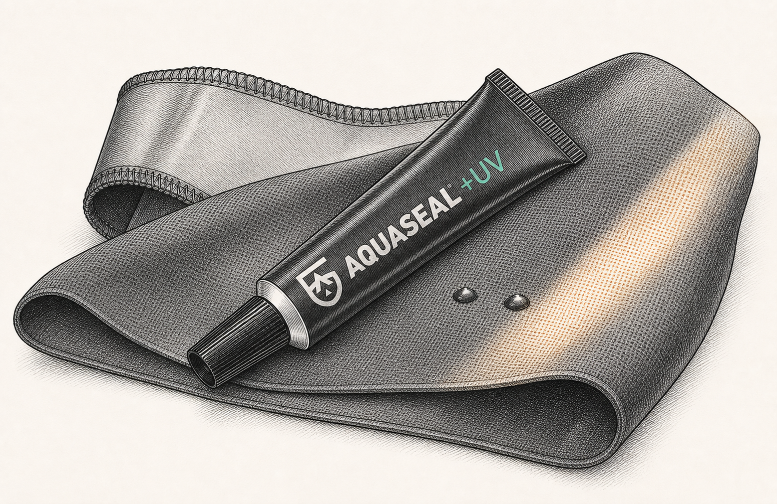 Editorial line illustration of a Gear Aid Aquaseal UV tube on inside-out wader fabric beside two small pinhole repairs
