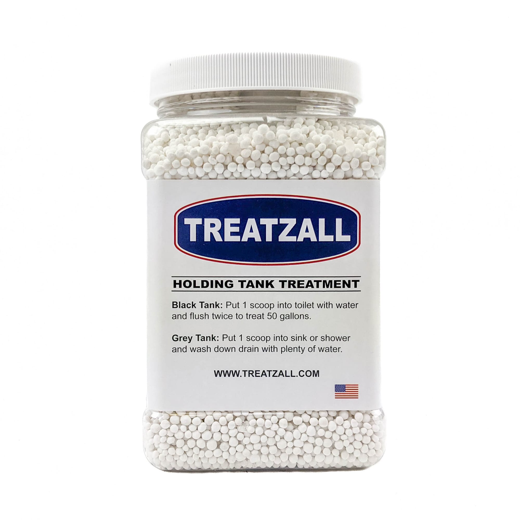 Treatzall holding tank treatment jar, filled with small white balls