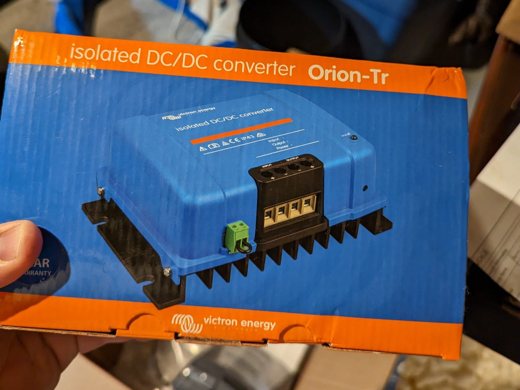 One of our Victron Orion-Tr isolated DC-to-DC converters in its original box before installation