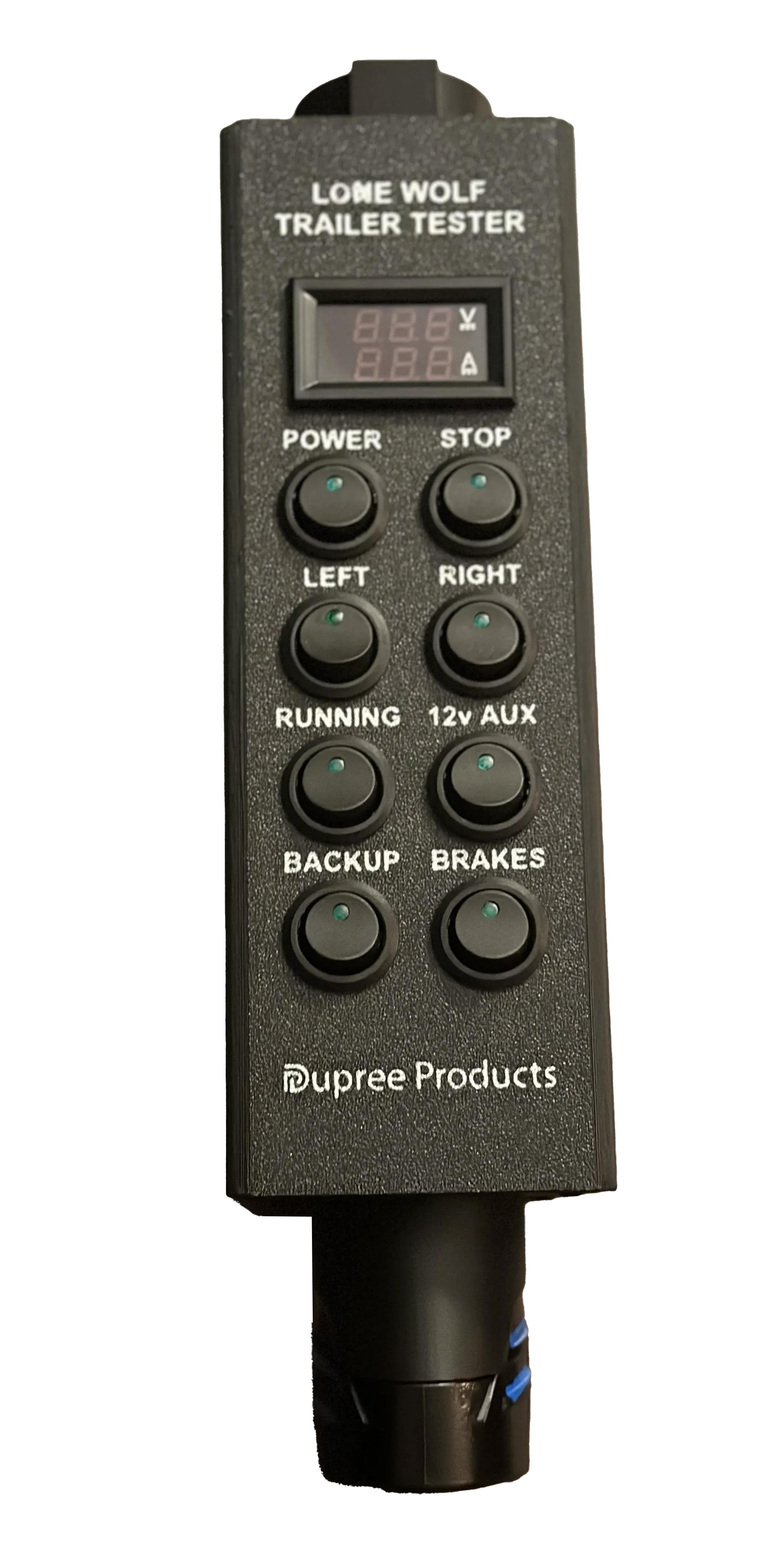 Dupree product photo showing the Lone Wolf's voltage and current display and labeled circuit controls.