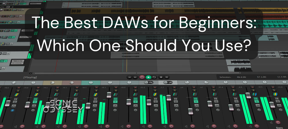 Digital audio workstation mixer interface with multiple tracks and faders in a music production session