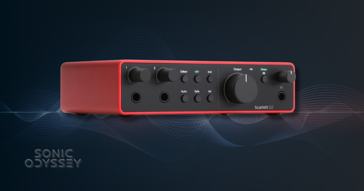 Focusrite Scarlett 2i2 4th Gen interface on dark background with red frame and minimal design