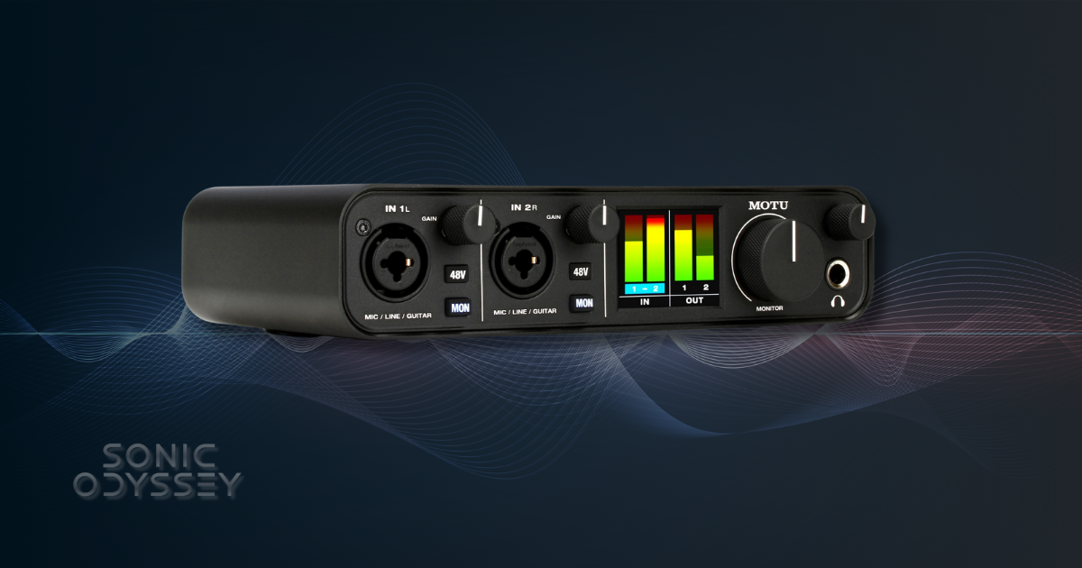 MOTU M2 interface with LED metering and dual preamps—clean, compact, and pro-level I/O
