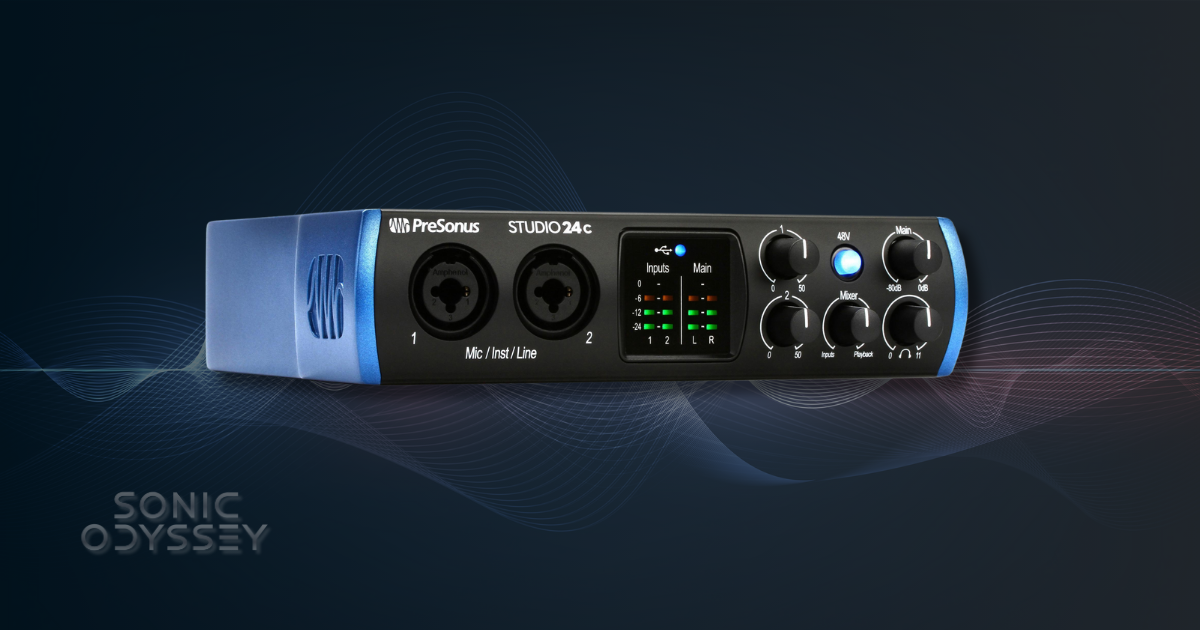 Blue-accented PreSonus Studio 24c audio interface with visible input meters and controls