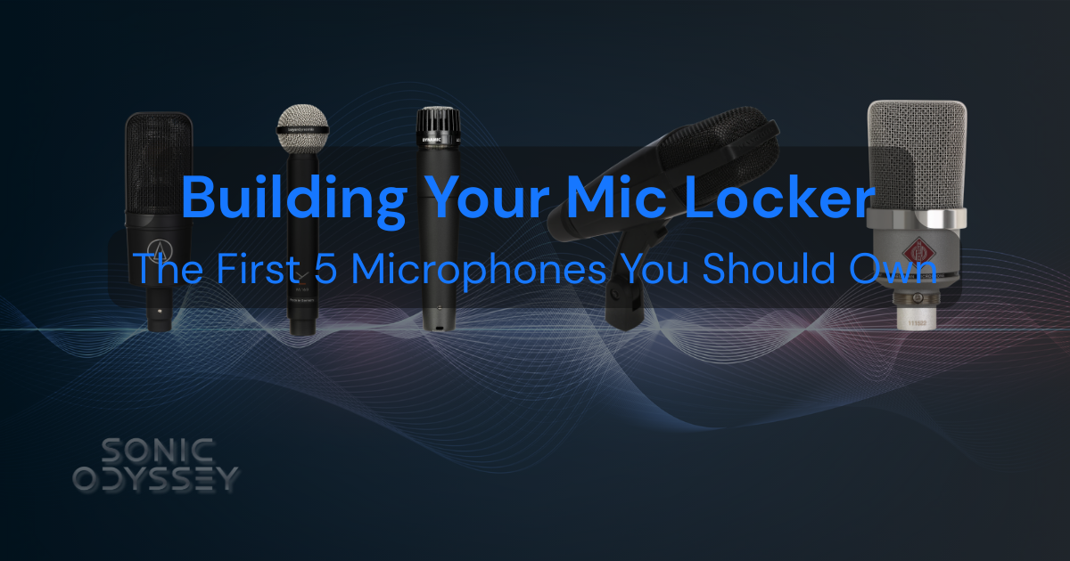 Hero image with Audio-Technica AT4040, Shure SM58, Shure SM57, Beyerdynamic M421, and Neumann TLM102 microphones with Sonic Odyssey branding and title text.