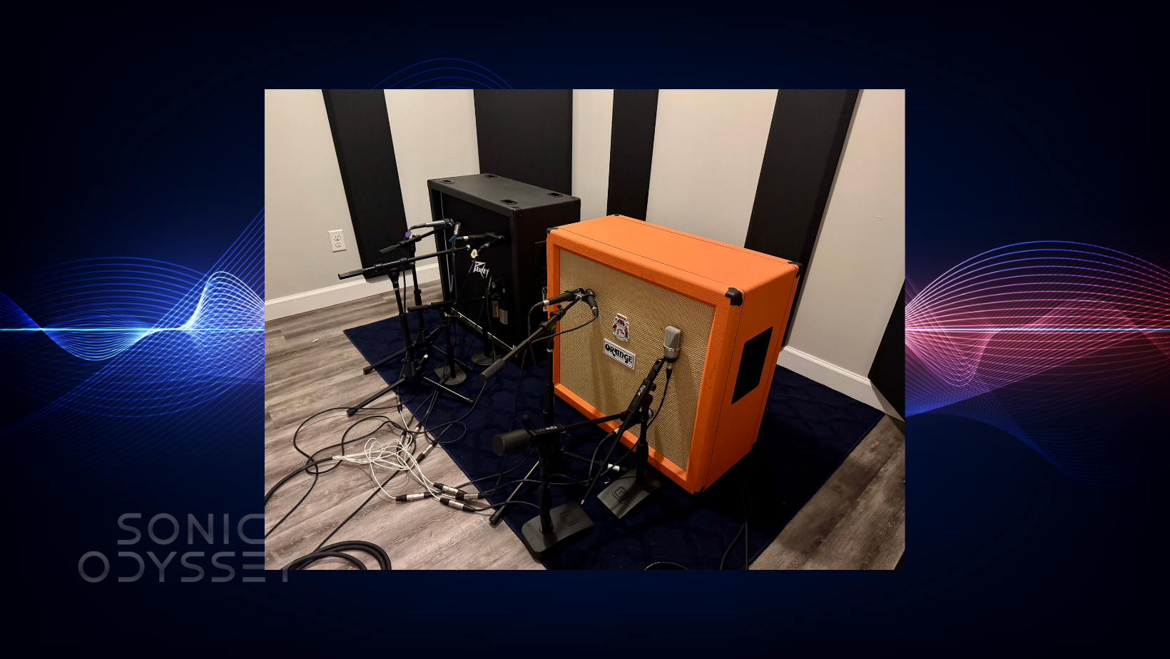 Orange PPC guitar cabinet and Peavey 4x12 mic’d in a recording studio with Shure, Beyerdynamic, and ribbon microphones — Sonic Odyssey Room of Doom.
