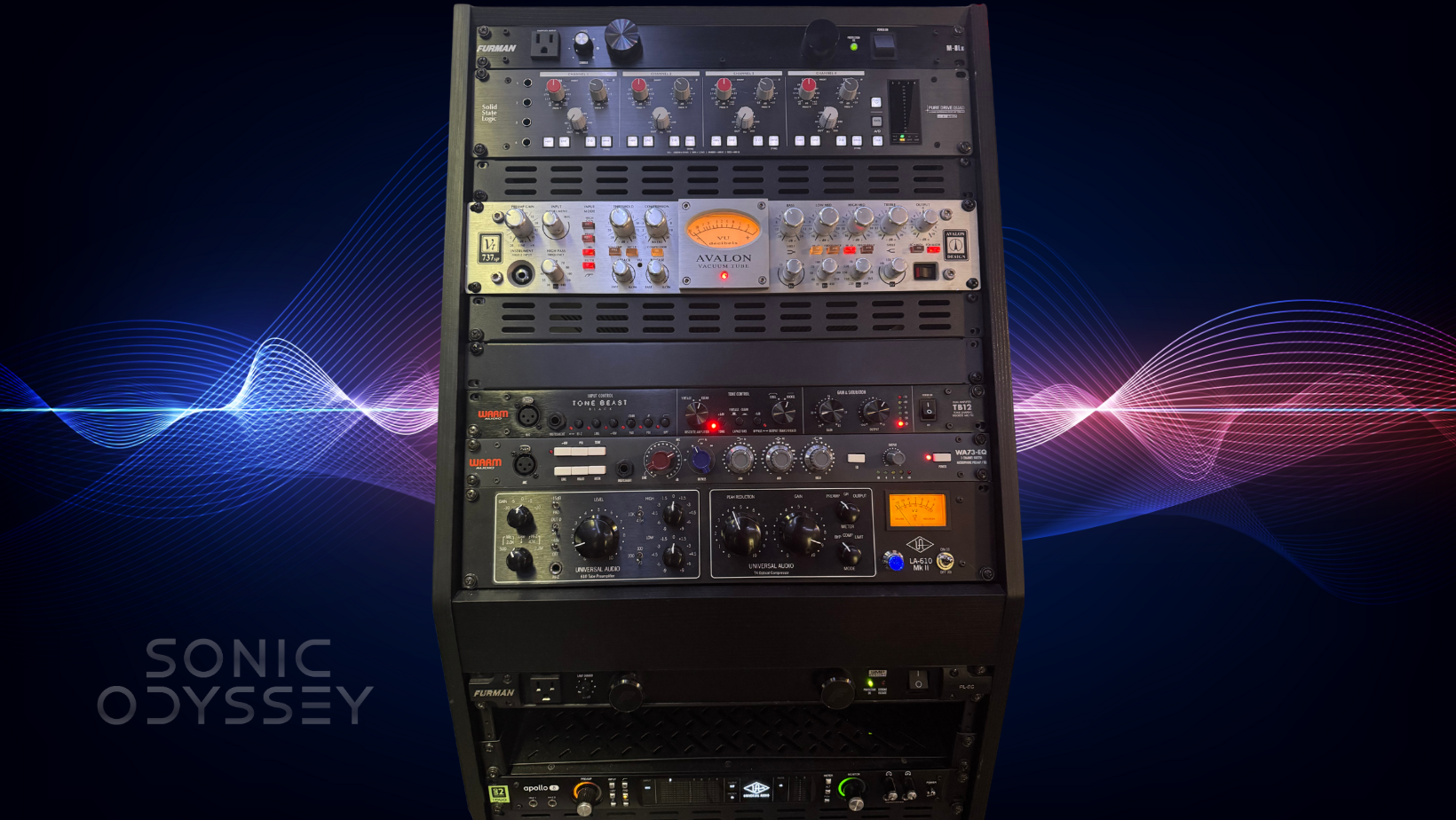Professional recording studio rack with SSL PureDrive Quad, Avalon 737, Warm Audio preamps, Universal Audio LA-610, Apollo interface – Sonic Odyssey Room of Doom.