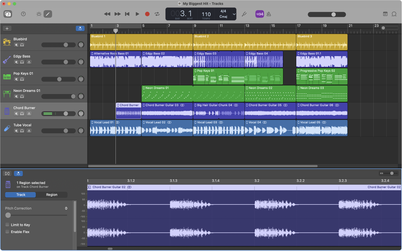 GarageBand interface on macOS showing multitrack project timeline in a free DAW for beginners.
