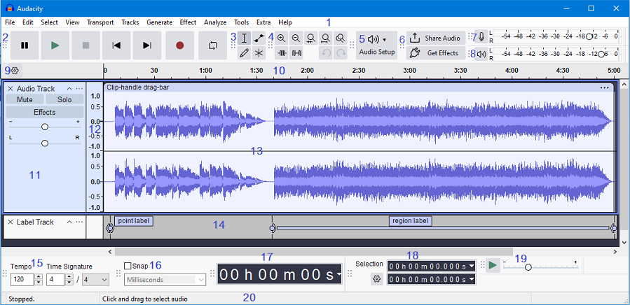 Audacity waveform editing interface showing stereo audio tracks in a free open-source audio editor.