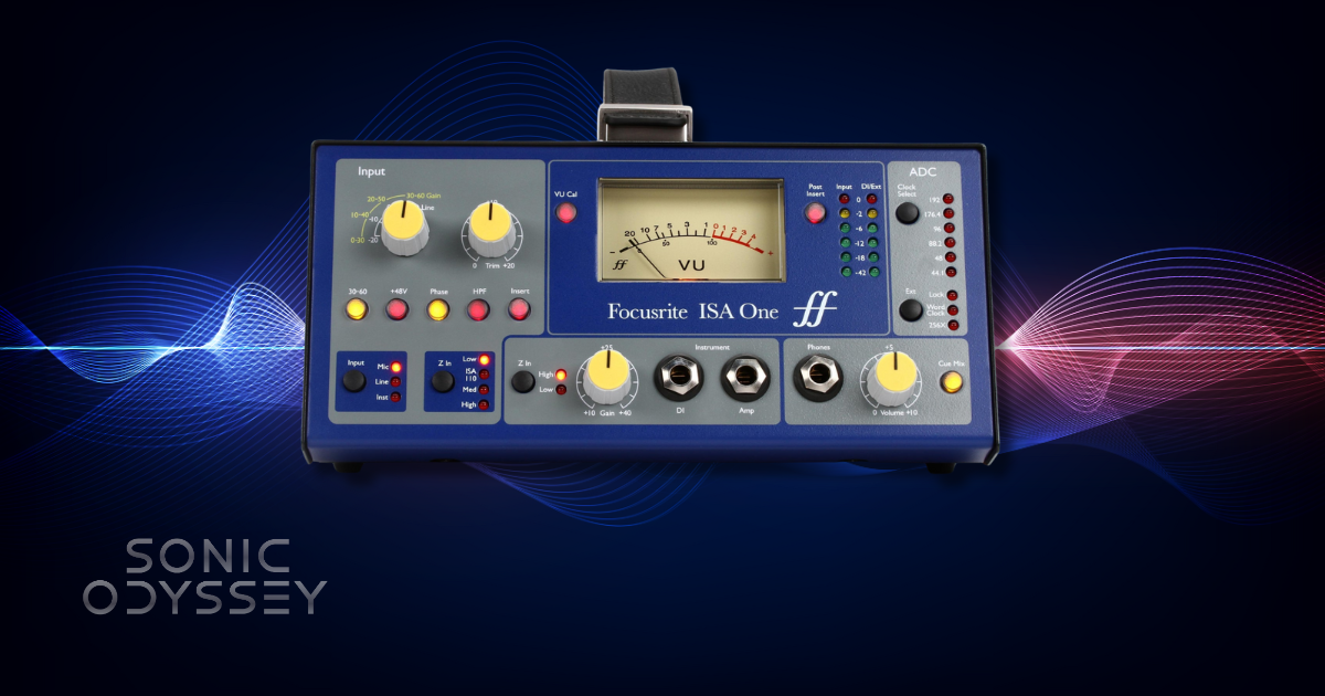 Front panel of the Focusrite ISA One microphone preamp with VU meter and controls.