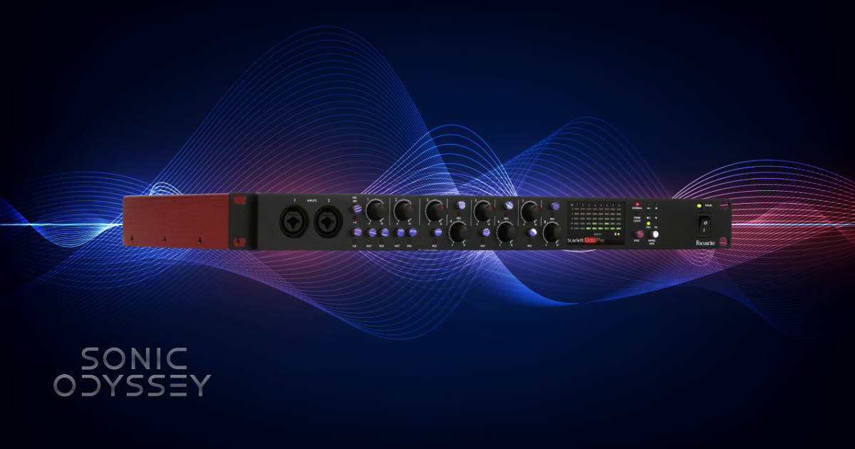 Rackmount Focusrite Scarlett OctoPre microphone preamp with input and output controls.