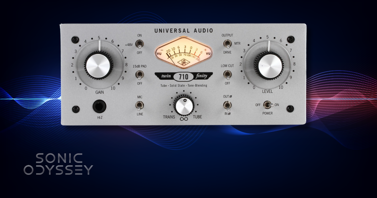 Universal Audio 710 Twin-Finity preamp front panel showing gain, level, and tube/solid-state controls.