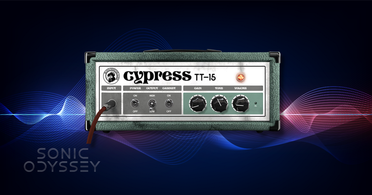 Cypress TT-15 free guitar amp simulation plugin interface shown against a waveform background