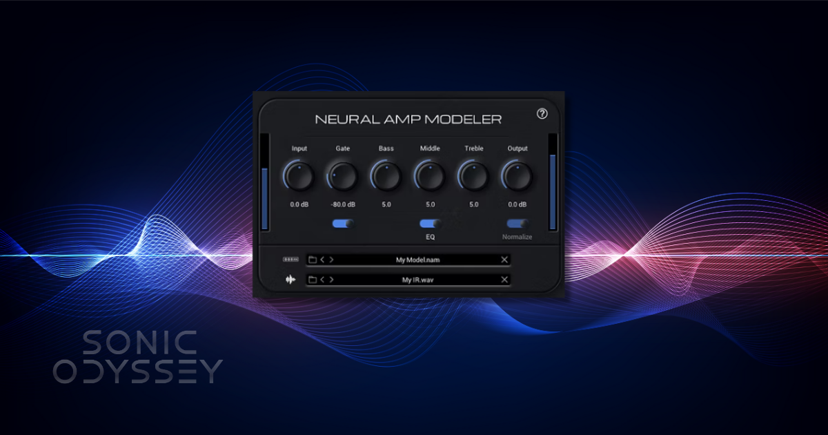 Neural Amp Modeler free guitar amp sim plugin interface displayed against a waveform background