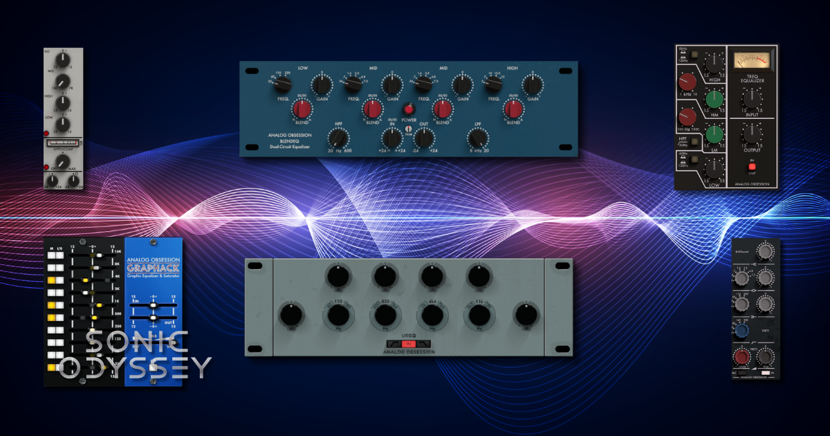 Various free EQ plugins from Analog Obsession including Rare, BritChannel, and graphic EQ interfaces.