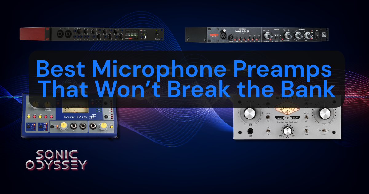 Hero image showing multiple microphone preamps including Warm Audio Tone Beast and Focusrite ISA One