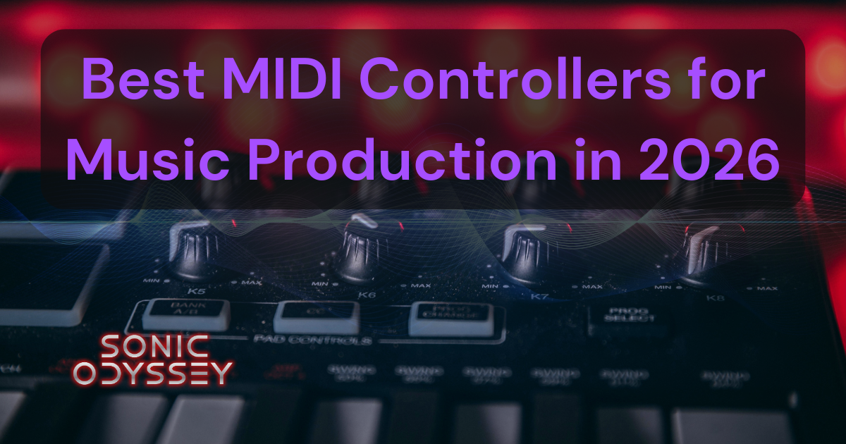 Best MIDI controllers for music production in 2026 featured image showing knobs and controls on a MIDI keyboard controller.