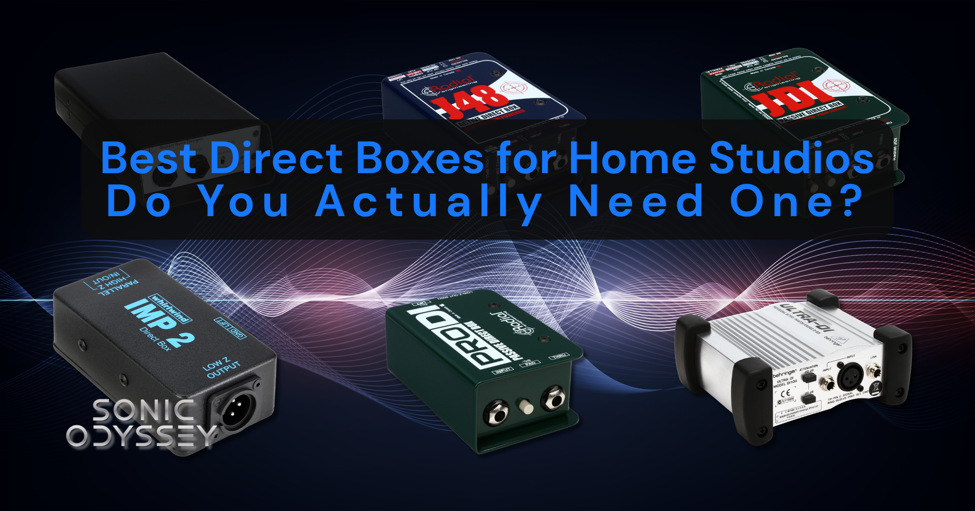 Collage of direct boxes including Radial J48, Radial ProDI, and Behringer Ultra-DI for home studio recording and signal conversion