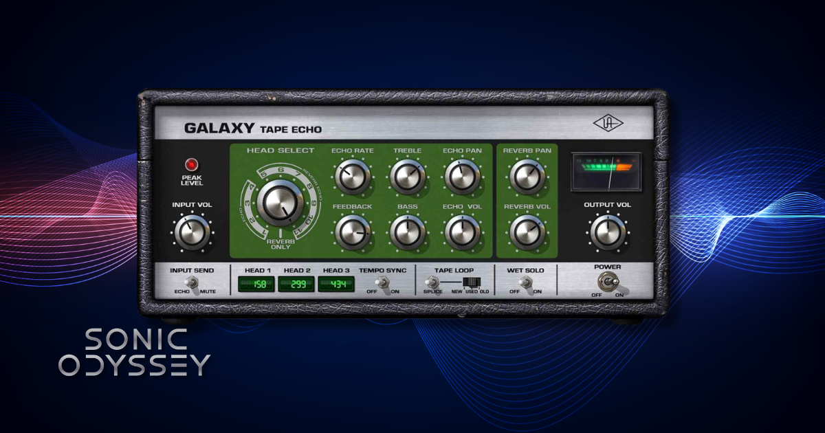 Interface of UAD Galaxy Tape Echo modeled after the vintage Roland RE‑201 Space Echo with controls for tape heads, feedback, reverb, and tone shaping.