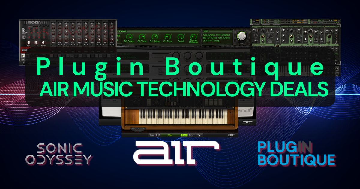 AIR Music Technology plugin deals page hero showing virtual instruments and synth plugins with Sonic Odyssey branding