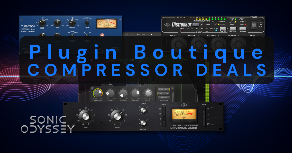 Plugin Boutique compressor plugin deals featuring Tube-Tech CL1B, Empirical Labs Distressor, and UAD 1176 compressor plugins
