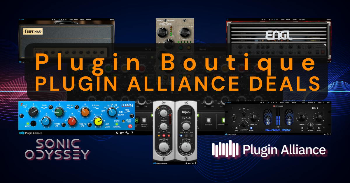 Plugin Alliance plugin deals page hero showing a range of mixing and mastering plugins with Sonic Odyssey branding