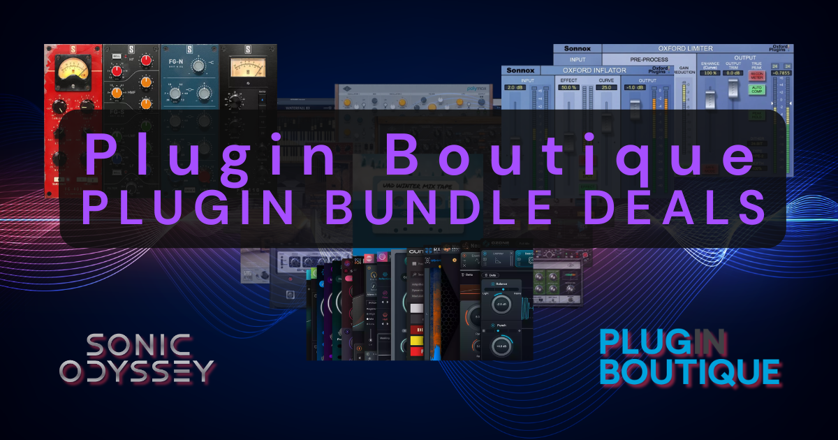 Plugin Boutique bundle deals hero image showing multiple audio plugins and effects bundled together for discounted pricing.
