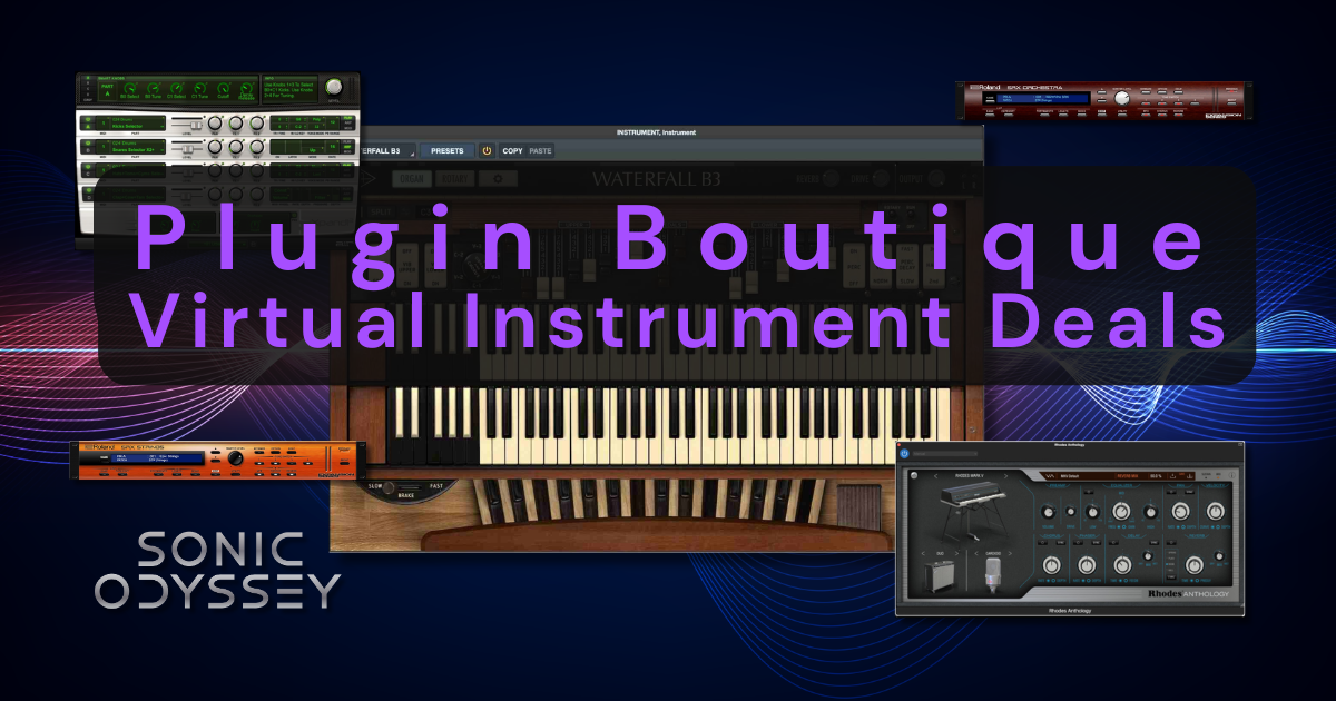 Plugin Boutique virtual instrument deals page hero featuring various VST instruments and Sonic Odyssey branding