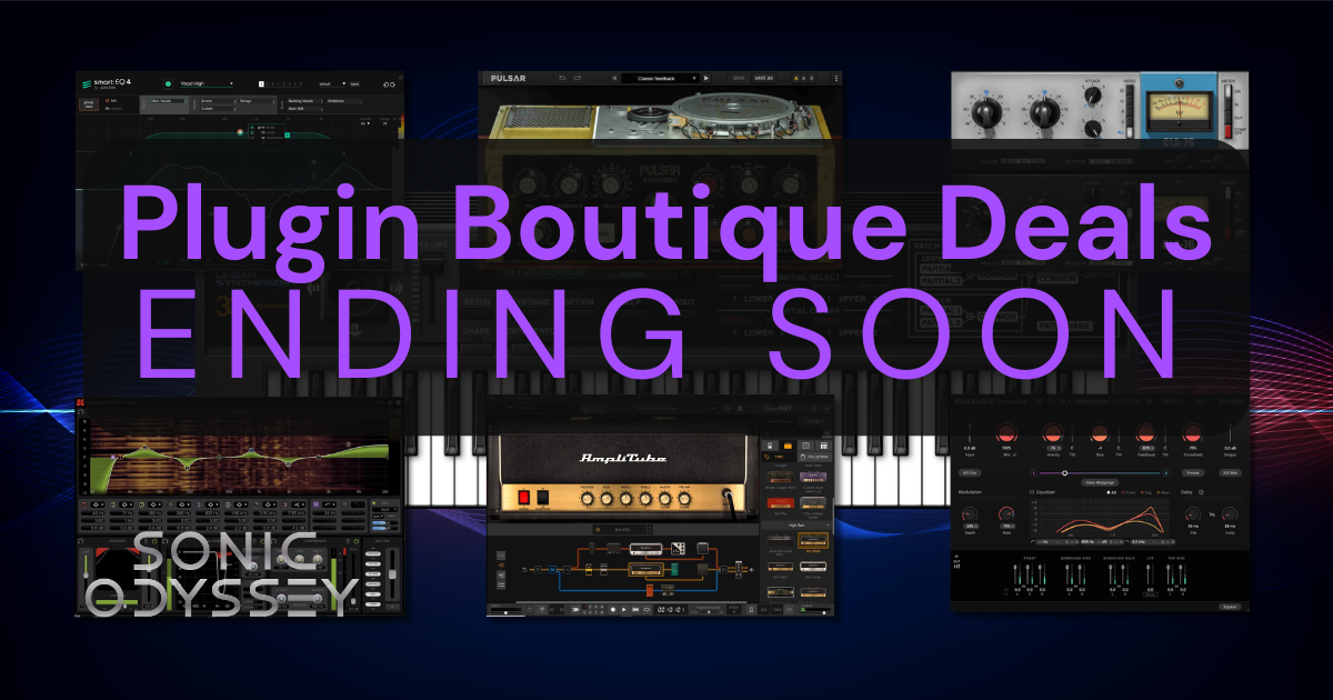 Plugin Boutique deals ending soon graphic featuring audio plugin interfaces and bold “Ending Soon” headline