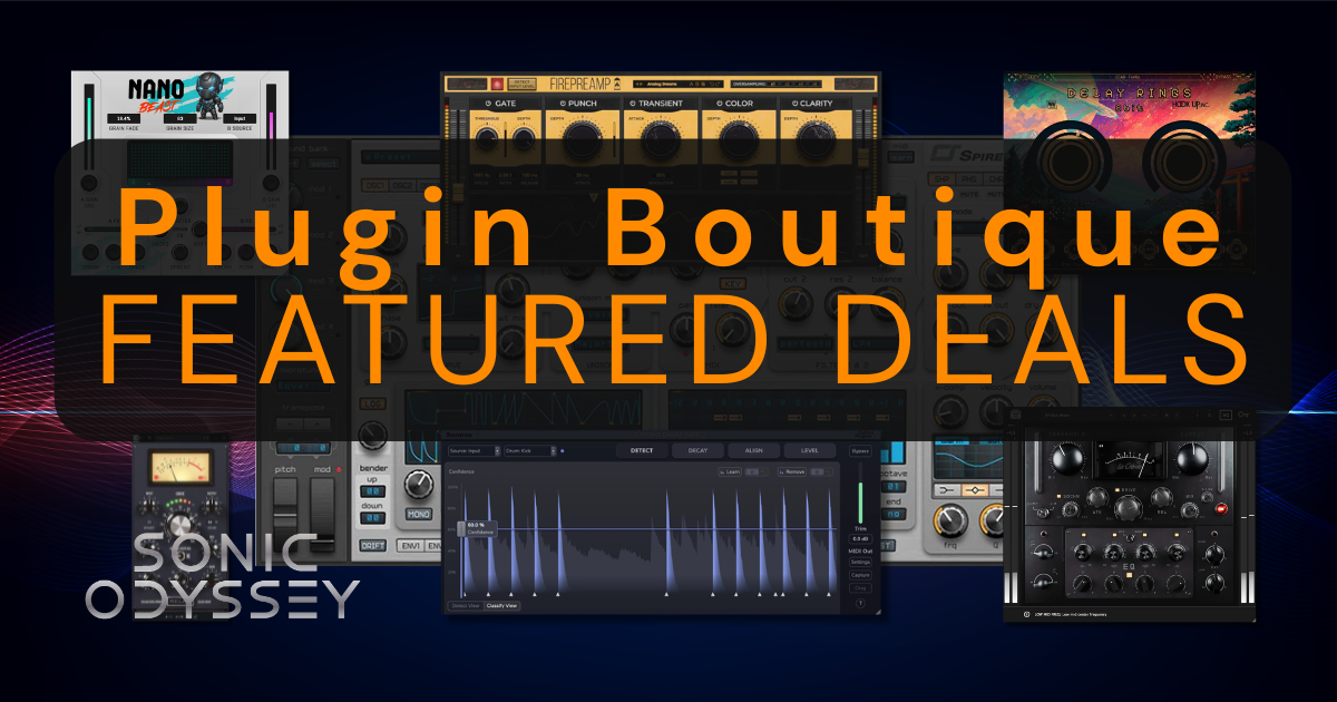 Plugin Boutique Featured Deals banner showing multiple VST plugin interfaces with orange text overlay.