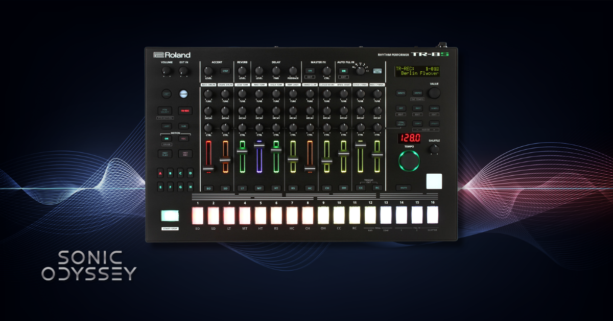 Roland TR-8S drum machine with multicolor faders and step sequencer used for electronic music production