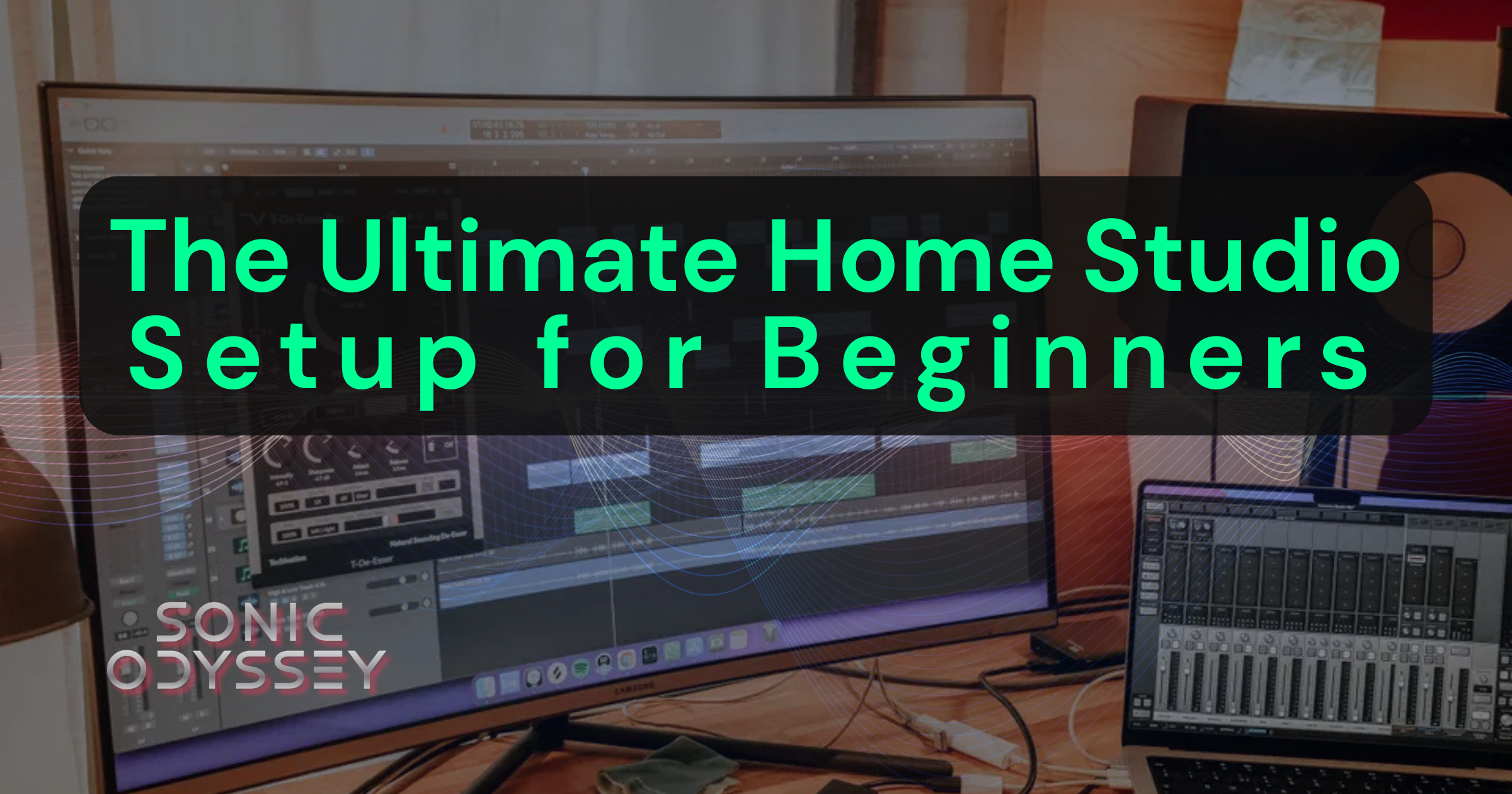 Home studio setup with monitor, DAW session, audio interface, and speakers displayed on a desk for beginner music production