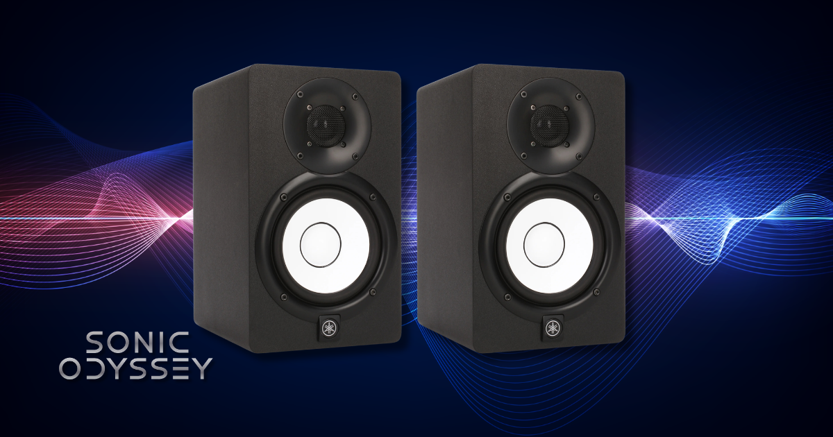 Pair of Yamaha HS5 studio monitors commonly used in budget home recording and music production setups