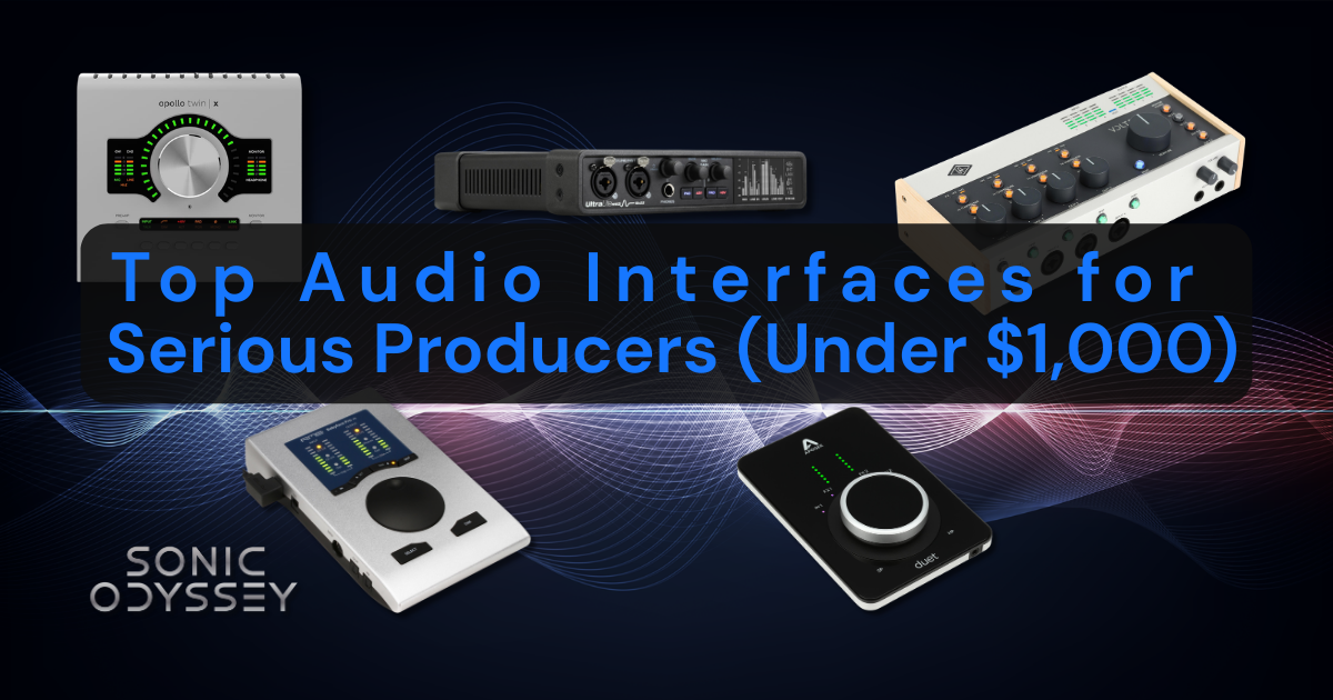 Best audio interfaces under $1000 for music production featuring Universal Audio Apollo Twin X, Apogee interface, and other professional USB audio interfaces.