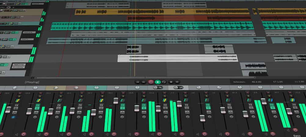 Reaper DAW interface showing multitrack session with mixer, faders, and audio waveforms for music production