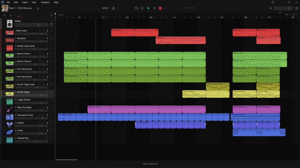 Cakewalk Next DAW interface showing a colorful song arrangement with multiple instrument tracks, MIDI clips, and an easy-to-navigate timeline.