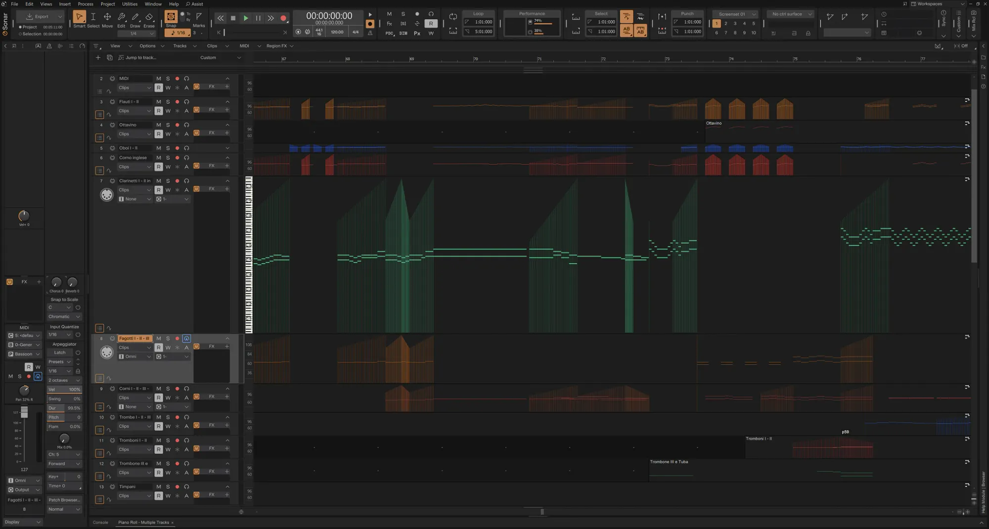 Cakewalk Sonar DAW interface showing a multitrack music production session with audio and MIDI tracks, editing controls, and a detailed timeline.