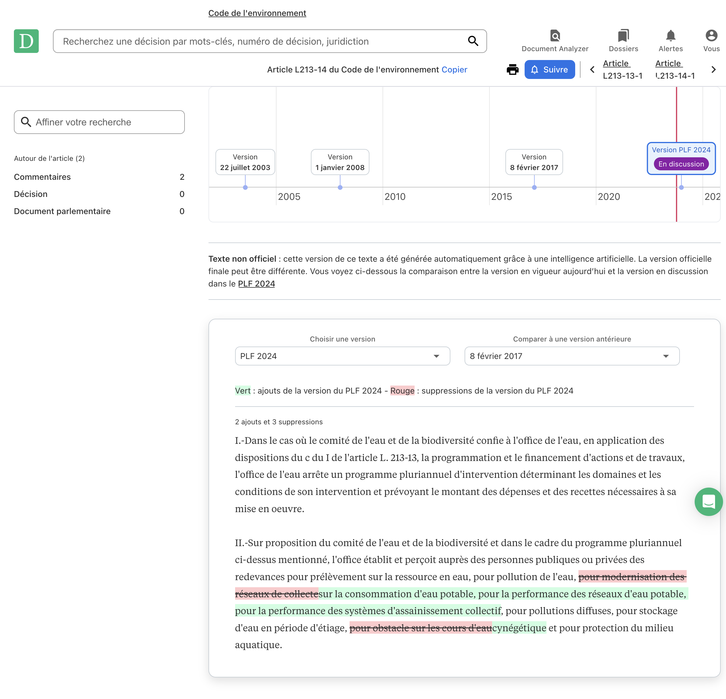 Voilà à quoi ressemble sur Doctrine la prévisualisation d’une évolution d’un article en vigueur (voir ici)