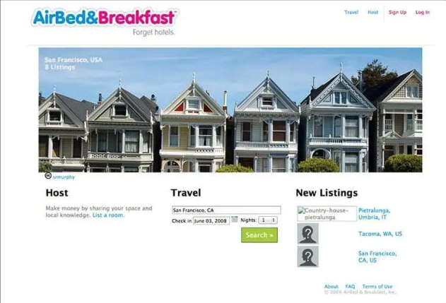 A screenshot of the Airbnb homepage from 2008. The design is very basic with broken images and no map view.