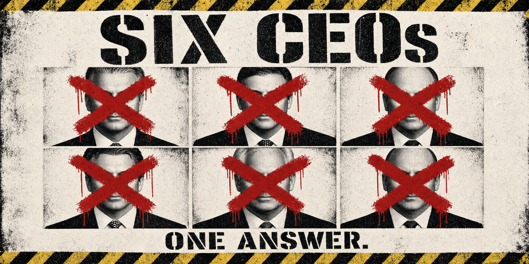 six identical corporate executive headshots photographed straight-on like annual-report portraits — but each face is obliterated by a thick, hand-stamped red X