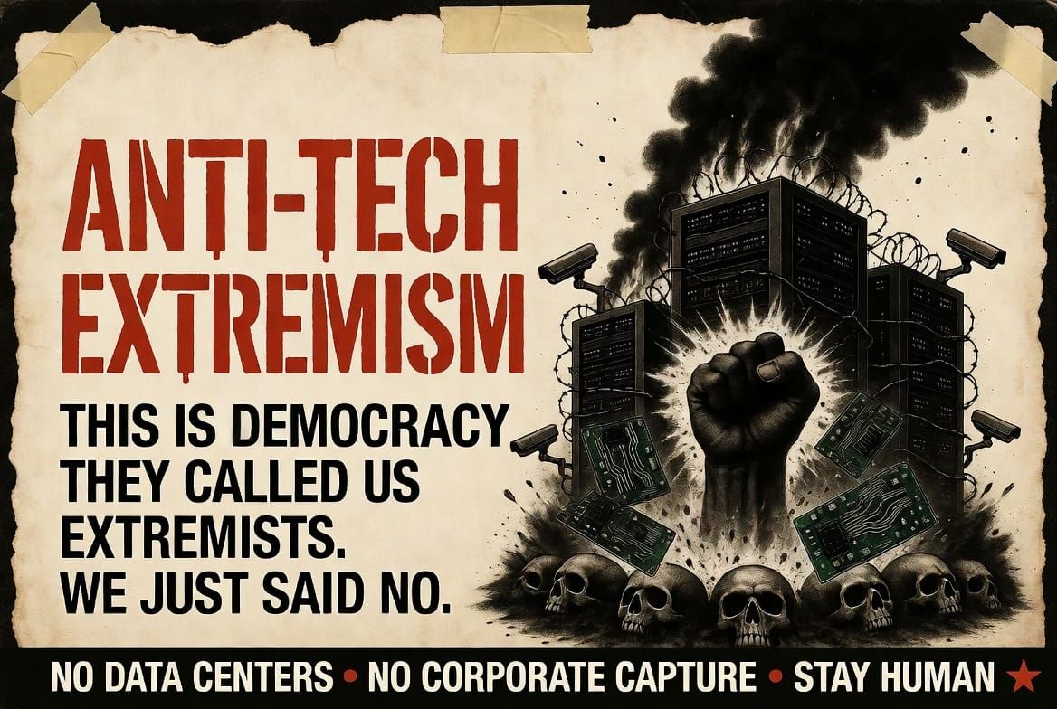 Punk poster showing a defiant fist rising up through tech surveillance and data centers, resisting the fact that we've been called anti-tech extremists. 