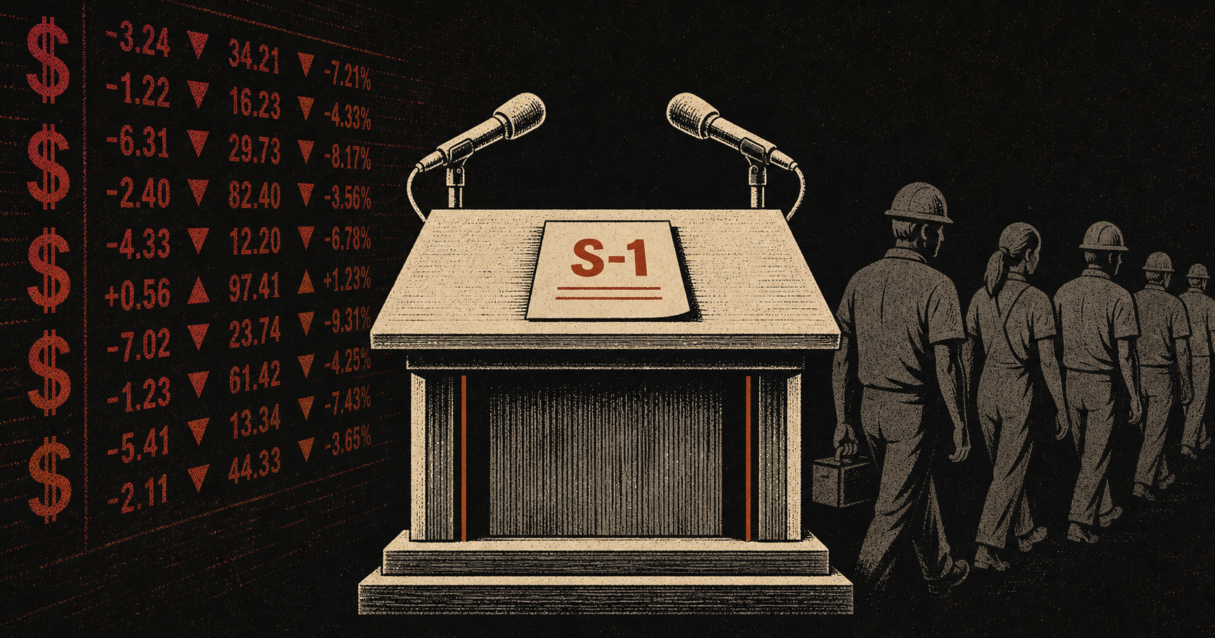 an empty corporate podium with two microphones  — stock tickers in red, one toward silhouettes of workers walking away. An S-1 filing document sits on the podium. No speaker present.