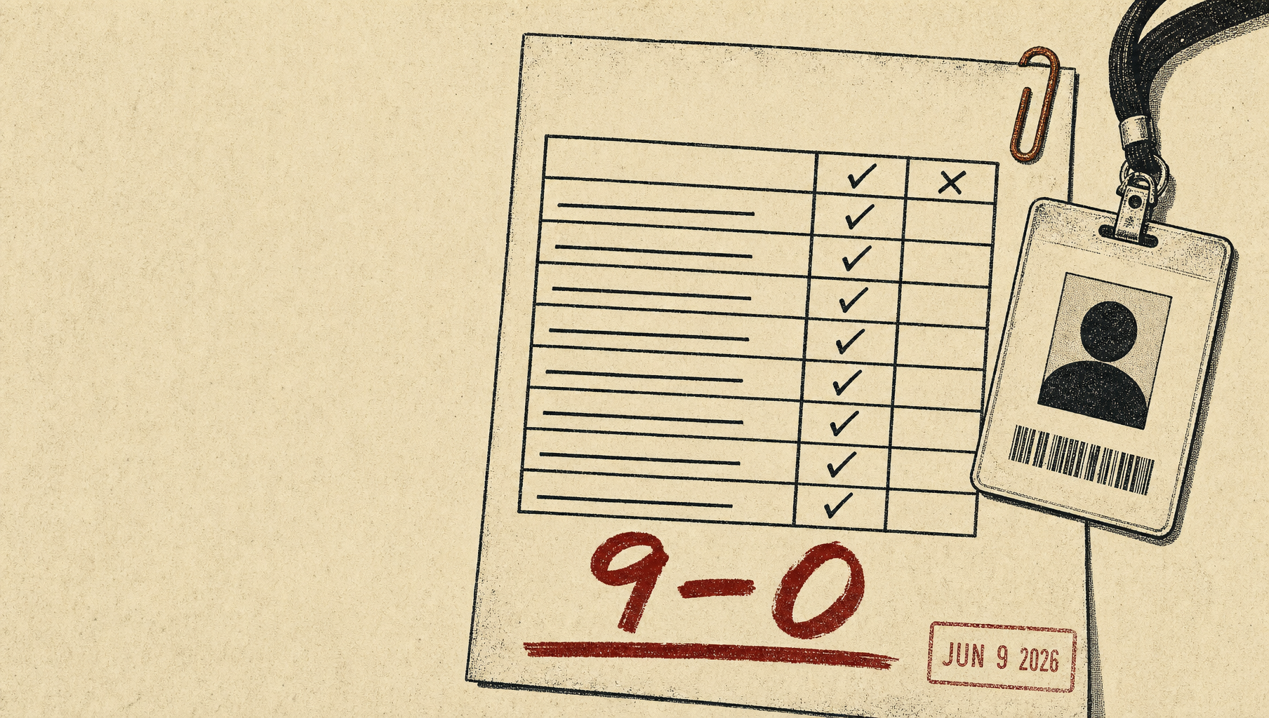 city-council roll-call vote sheet — nine entries, every one marked in the AYE column, with a bold red "9–0" tally underlined beneath it 