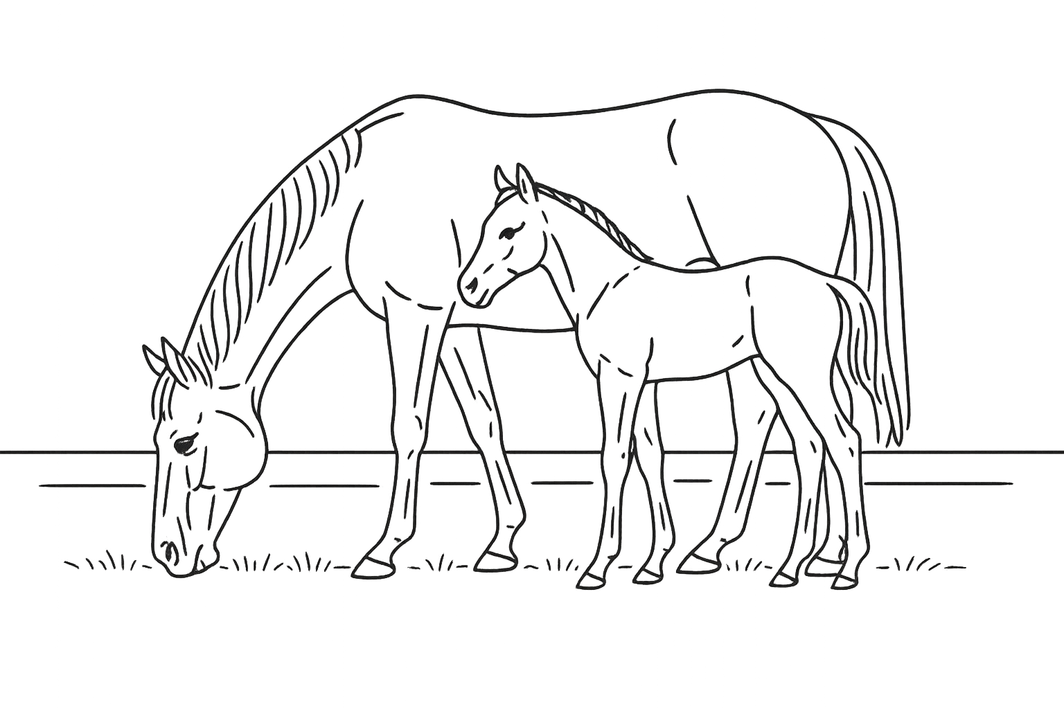 Line illustration of a broodmare grazing in pasture with her young foal standing close alongside