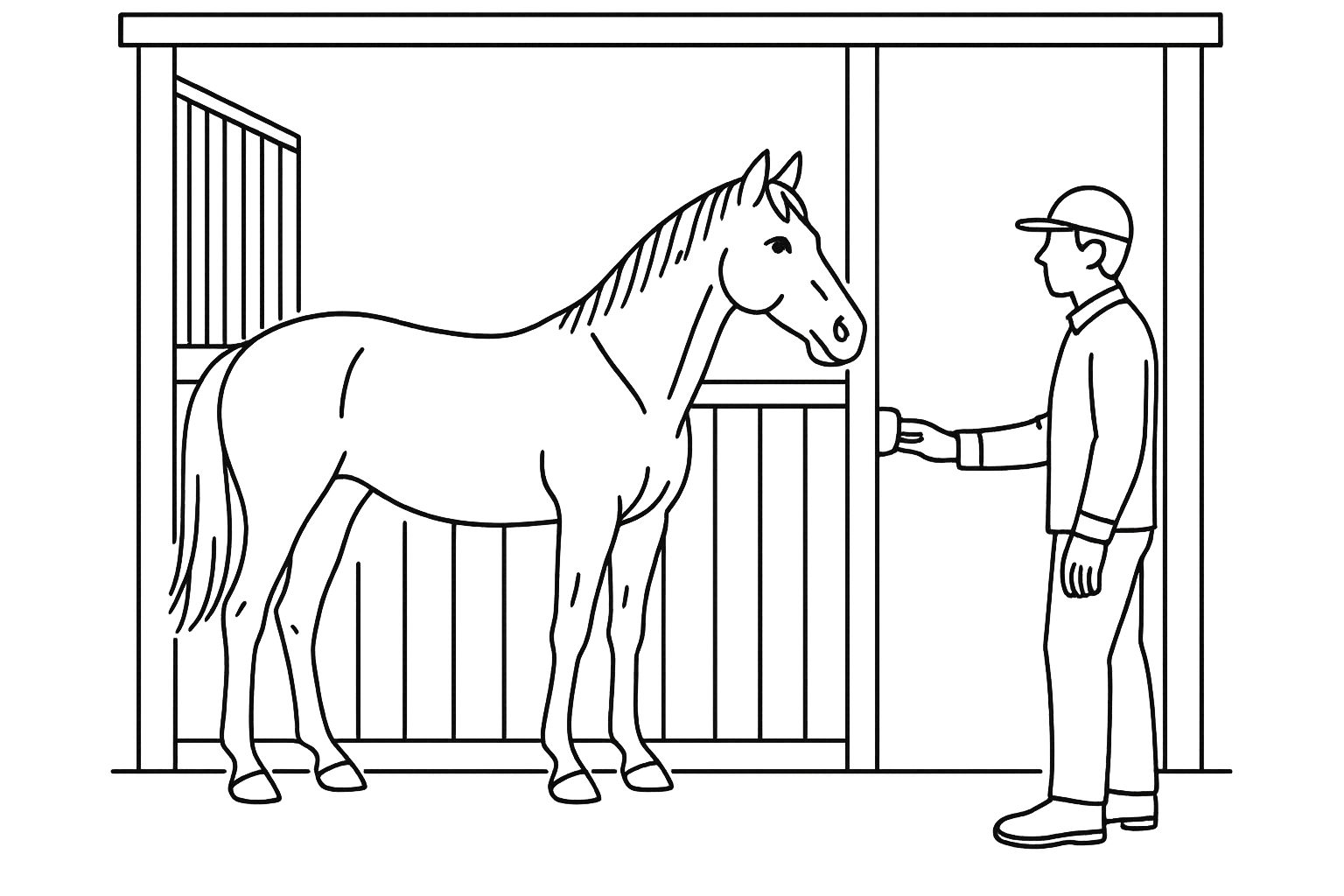 Line illustration of a horse standing in a stall with a handler at the door, calm and isolated